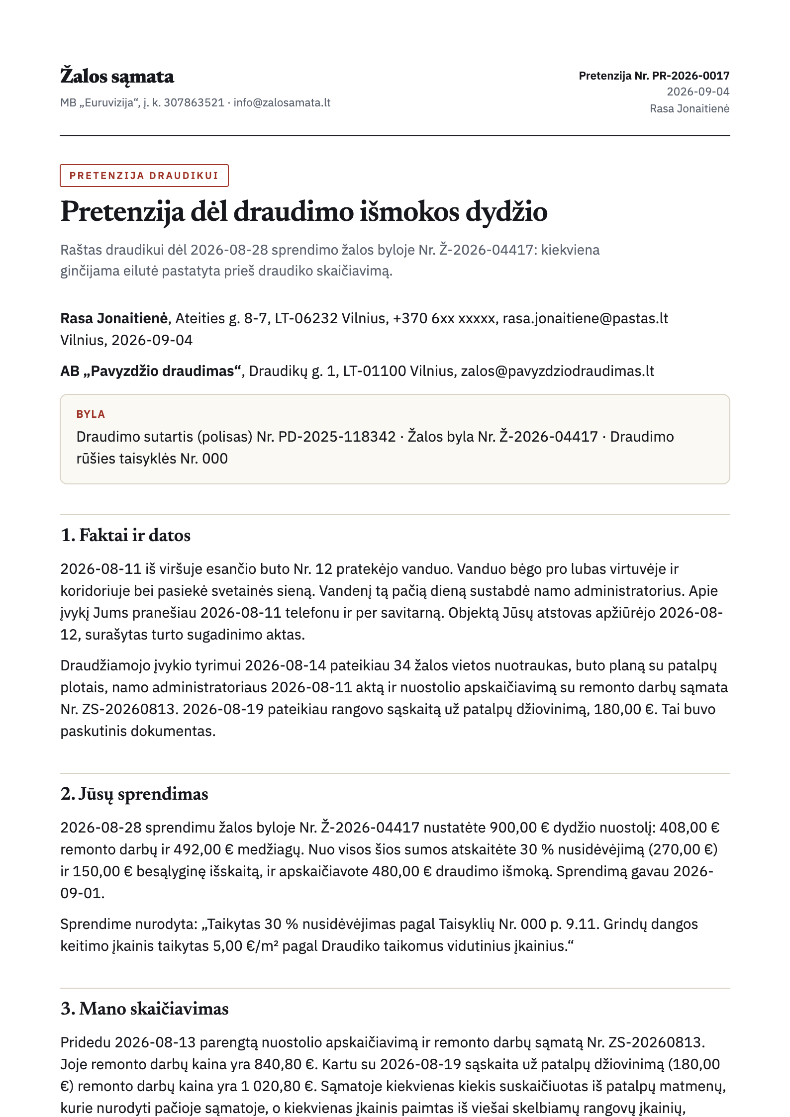 Pretenzijos draudikui pirmas puslapis: polisas, žalos byla, faktai ir datos, draudiko sprendimas